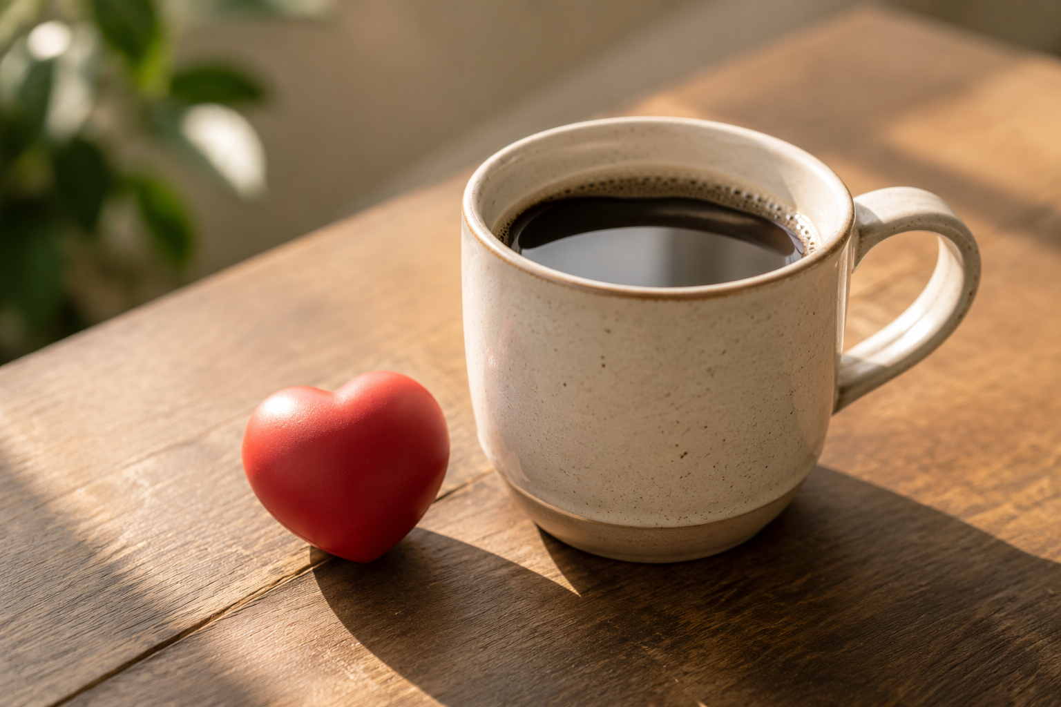 Coffee cup beside a heart-shaped object in warm morning light