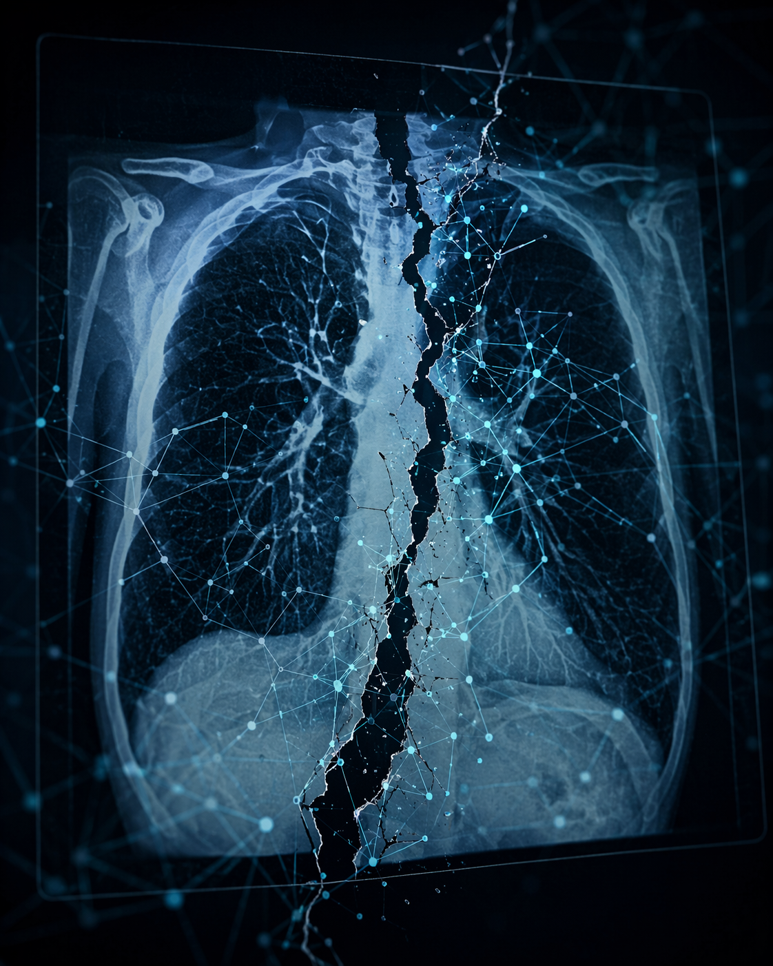 Chest X-ray with disconnected neural network overlay suggesting incomplete medical AI evidence
