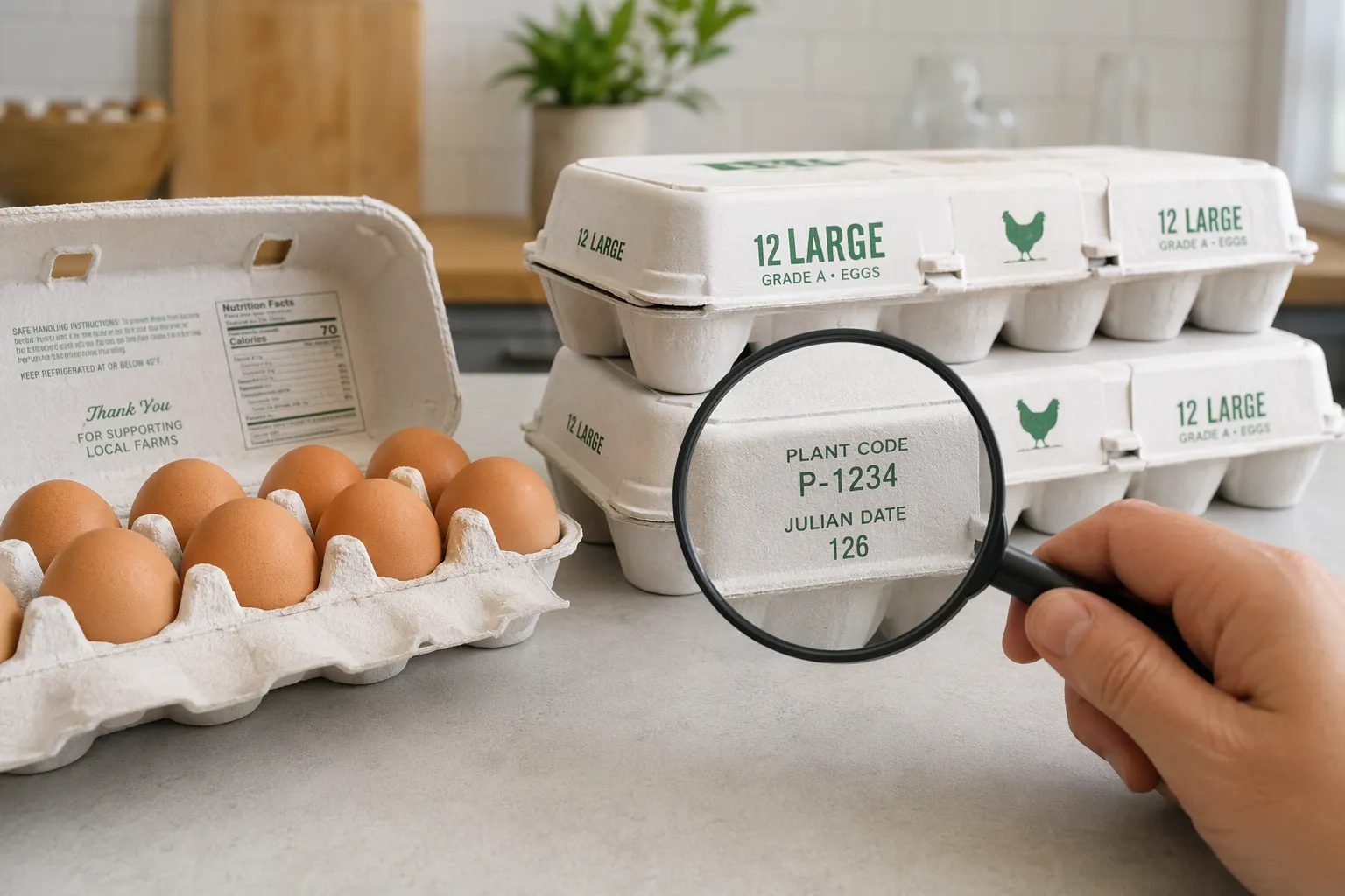 Egg cartons on a counter with a magnifying glass over the side label showing recall identifiers