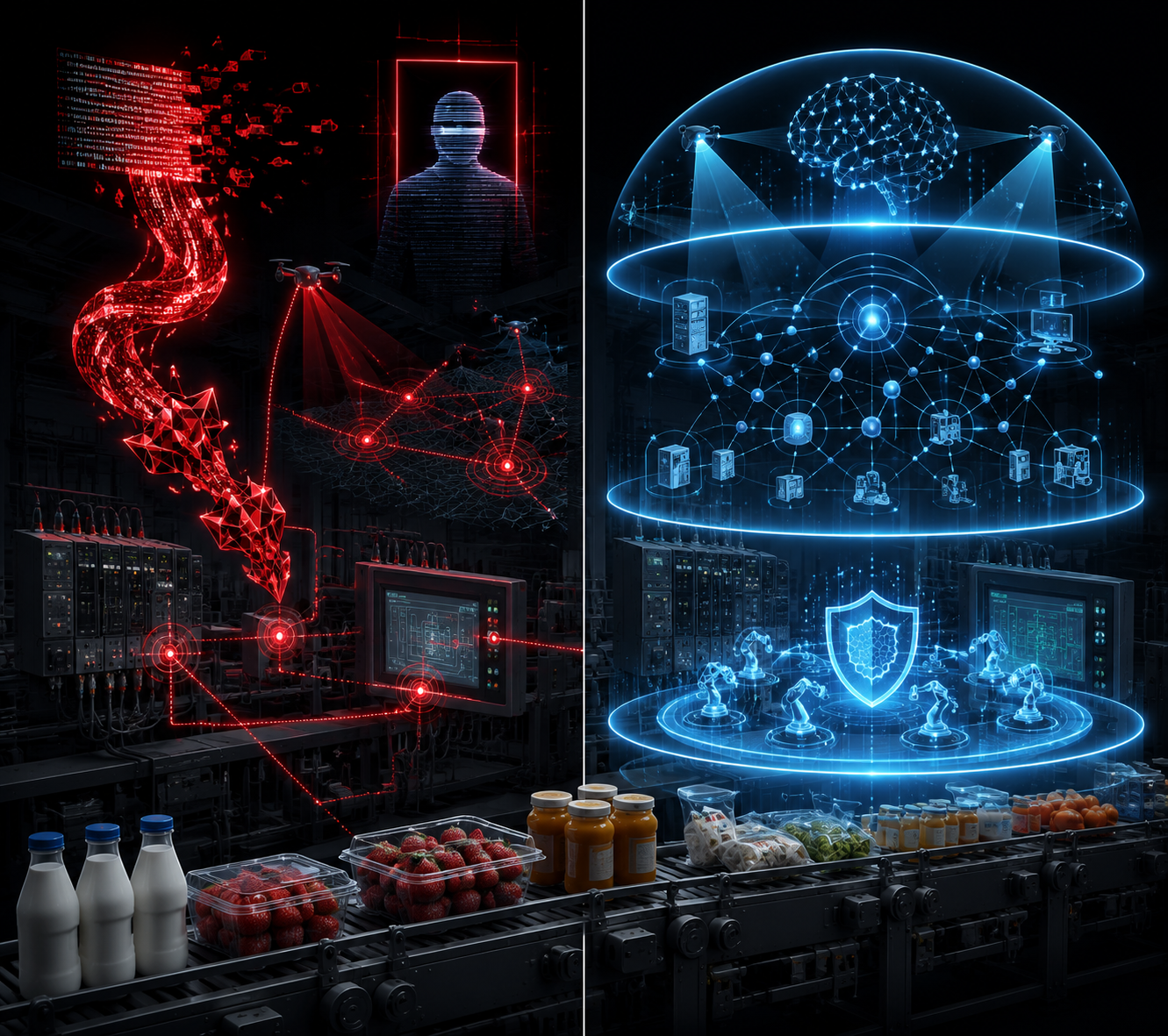 Split-panel illustration of offensive and defensive AI in food supply chain operational technology