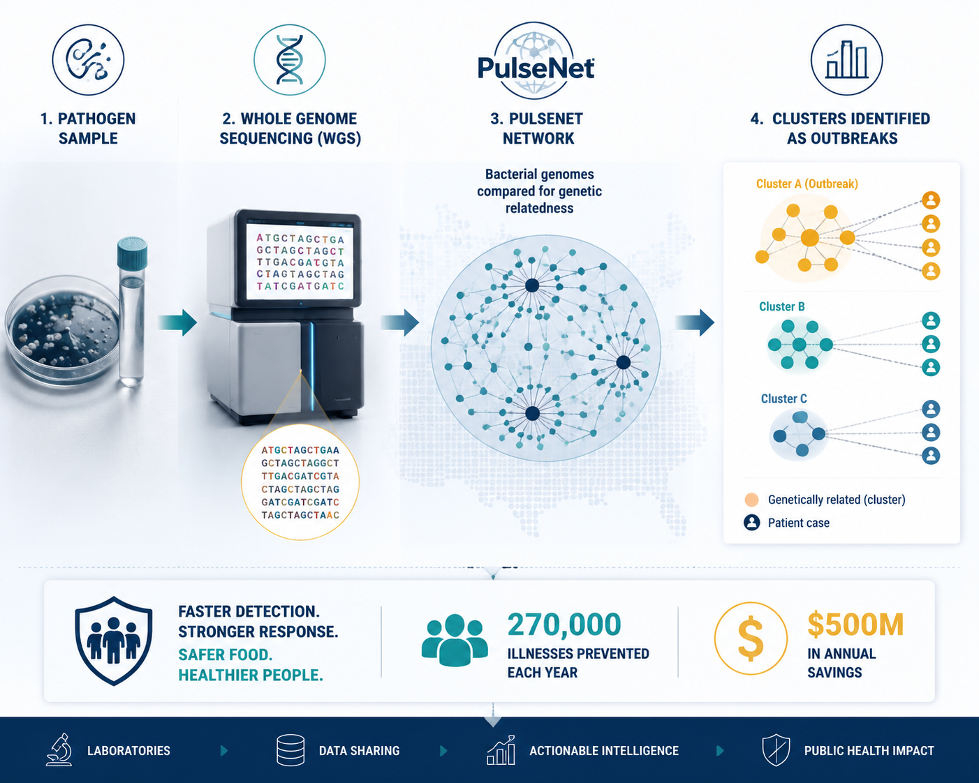 Workflow diagram showing a foodborne pathogen sample moving through sequencing, PulseNet comparison, and outbreak cluster identification