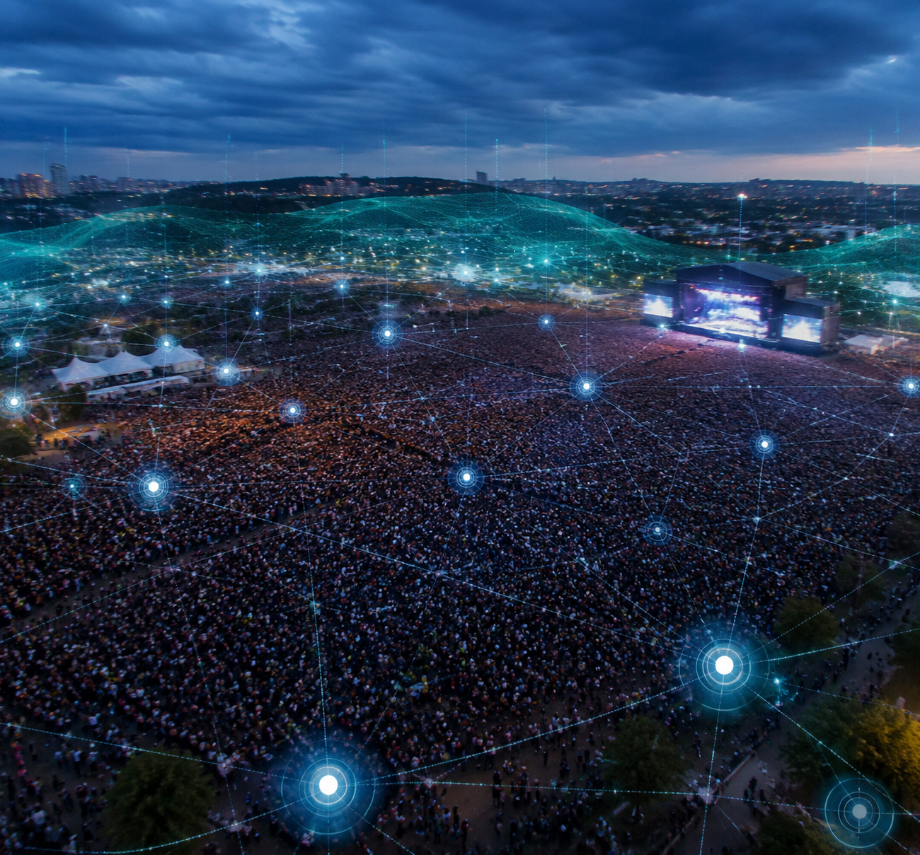 Large outdoor stadium crowd with sensor grid and air quality data overlays across the venue