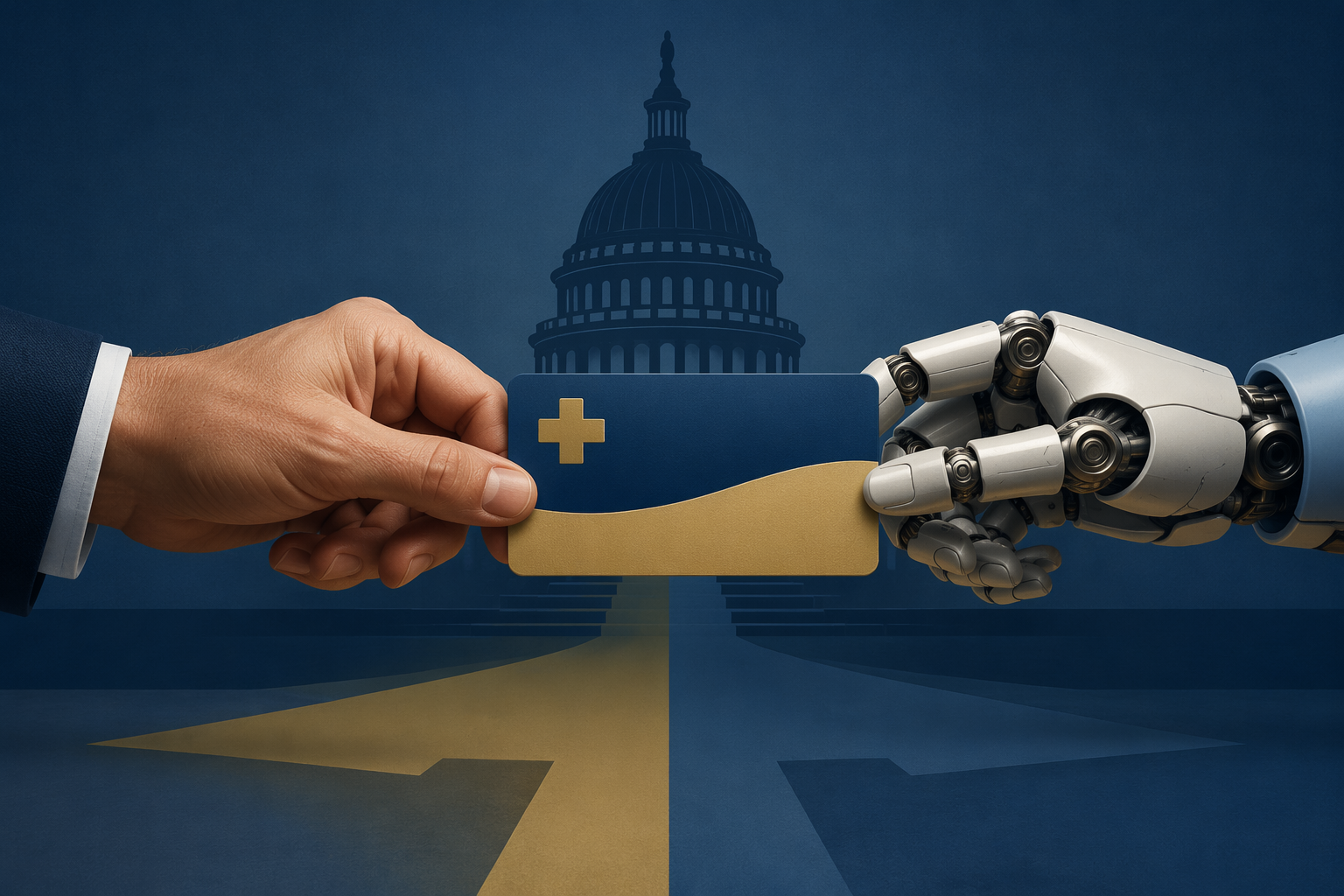Human and robotic hands on opposite sides of a Medicare card, suggesting contested authority over coverage decisions