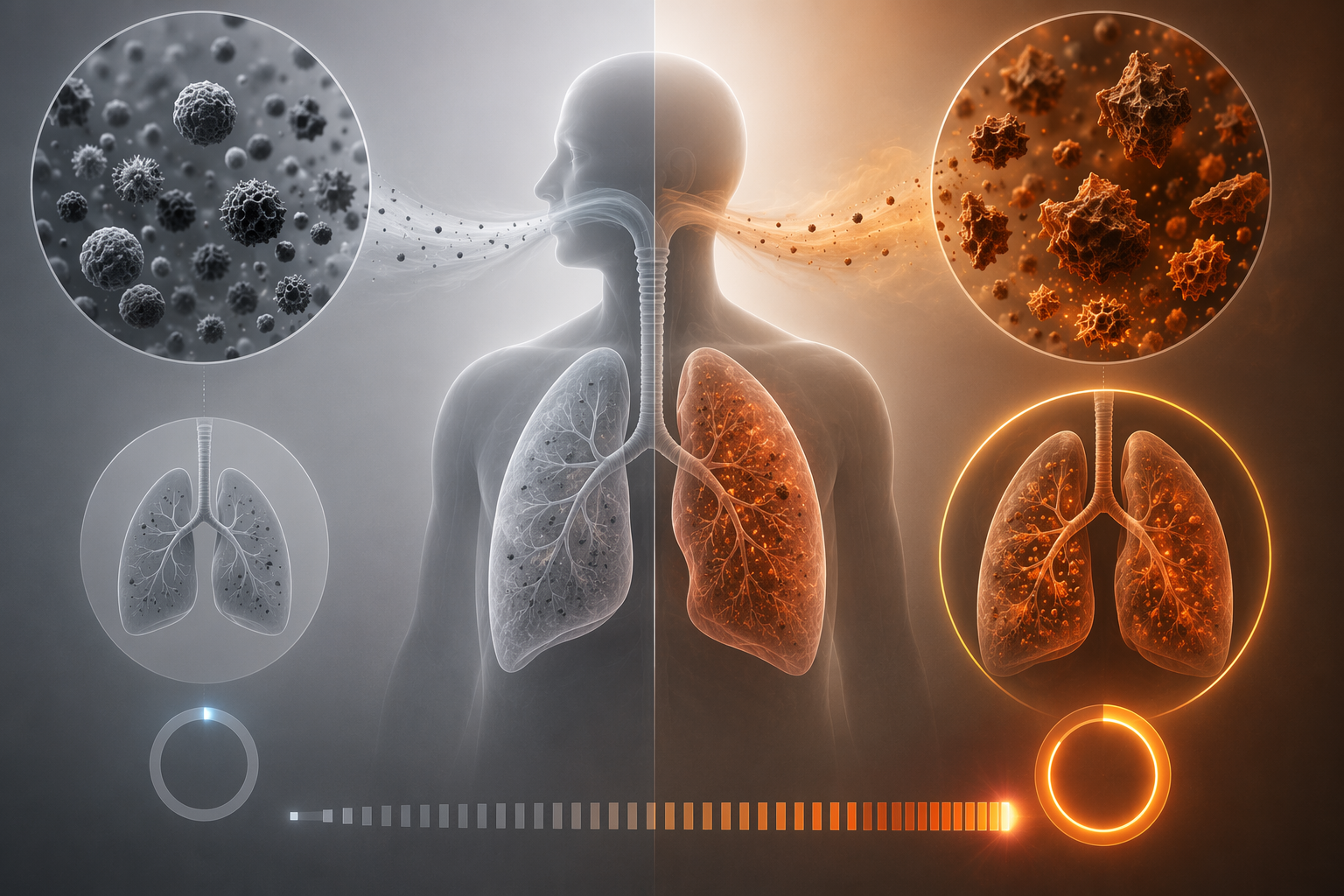 Side-by-side comparison of urban PM2.5 and wildfire smoke particles affecting the lungs.