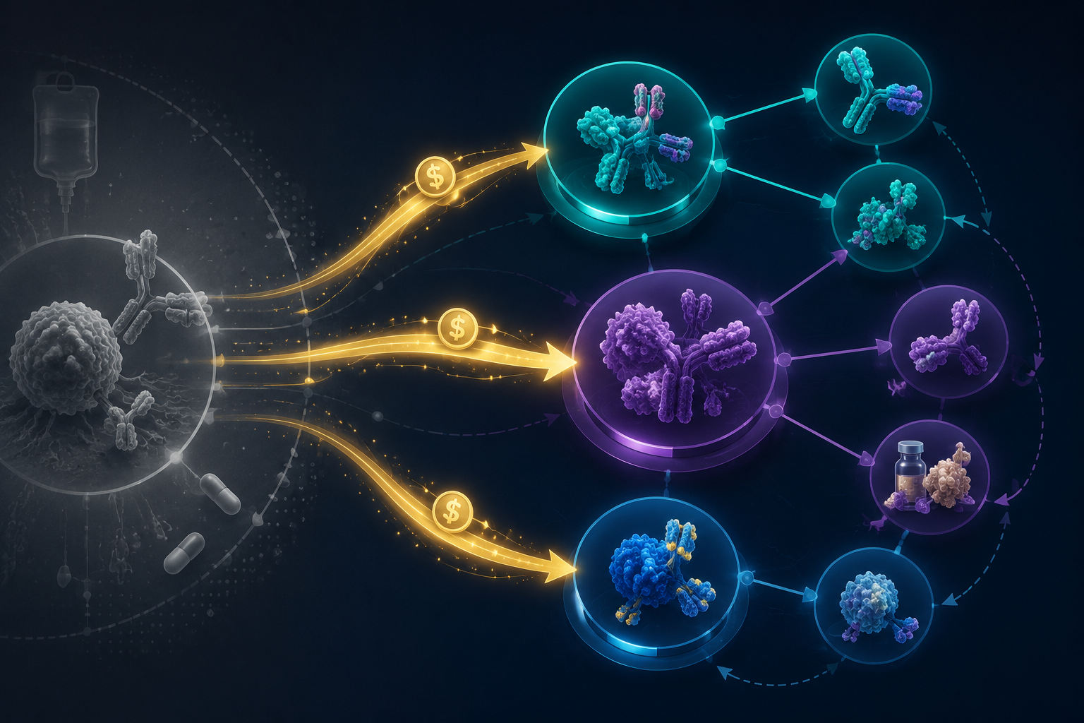 Capital arrows moving from a greyed PD-1 zone into ADC nodes for Merck partnerships, Pfizer Seagen, and AstraZeneca Daiichi Sankyo