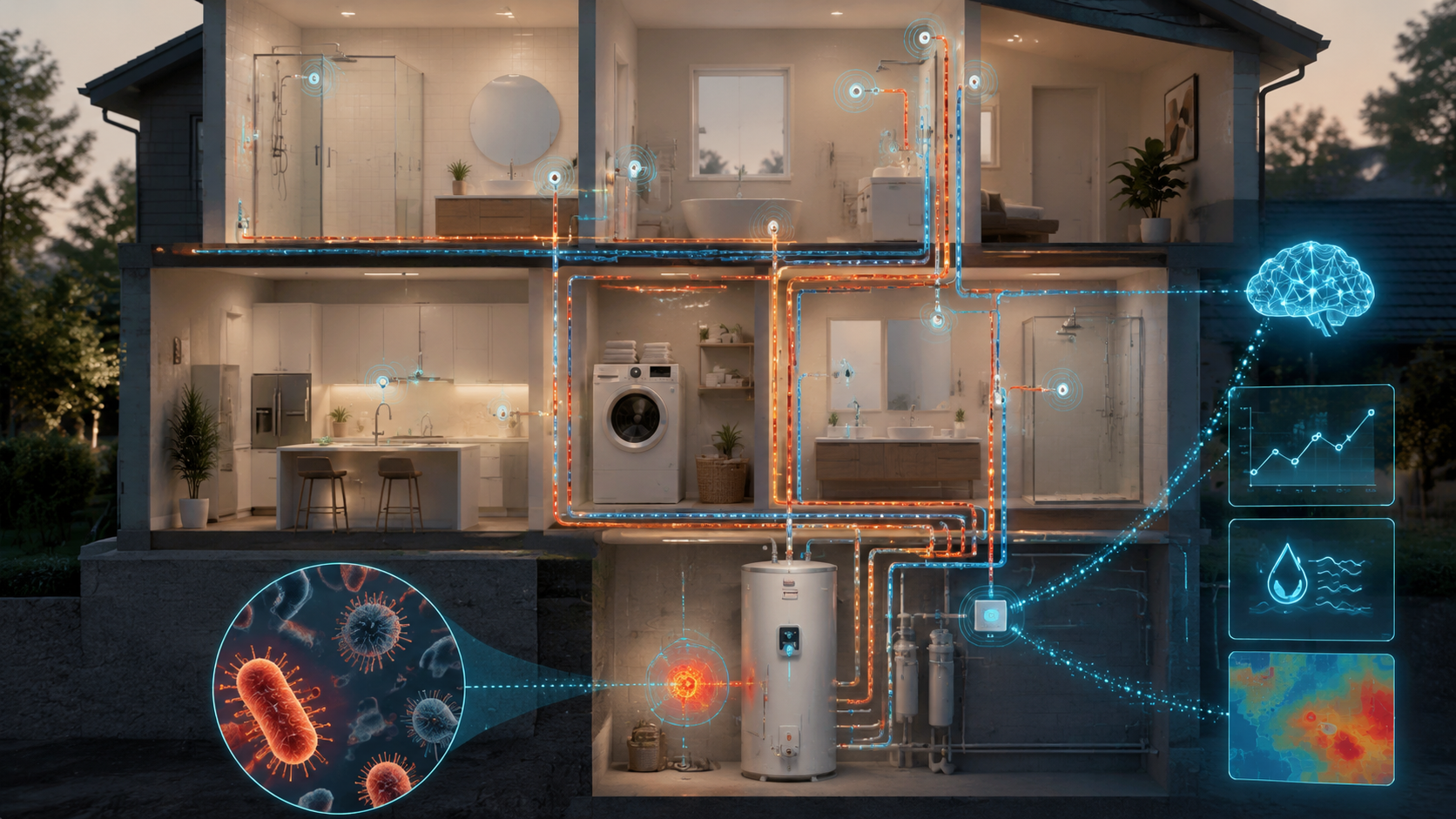 Cutaway illustration of a residential water heater with IoT temperature and flow sensors, AI analytics overlay, and Legionella risk zone indicators