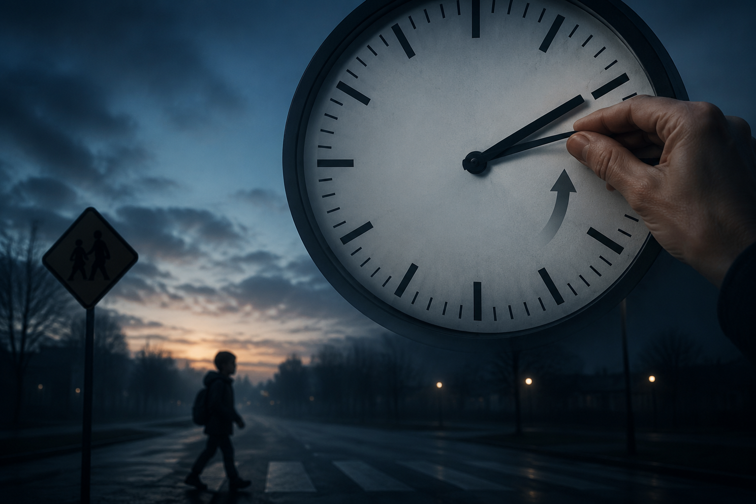Analog clock being adjusted above a dim early-morning street with a school crossing sign and child silhouette