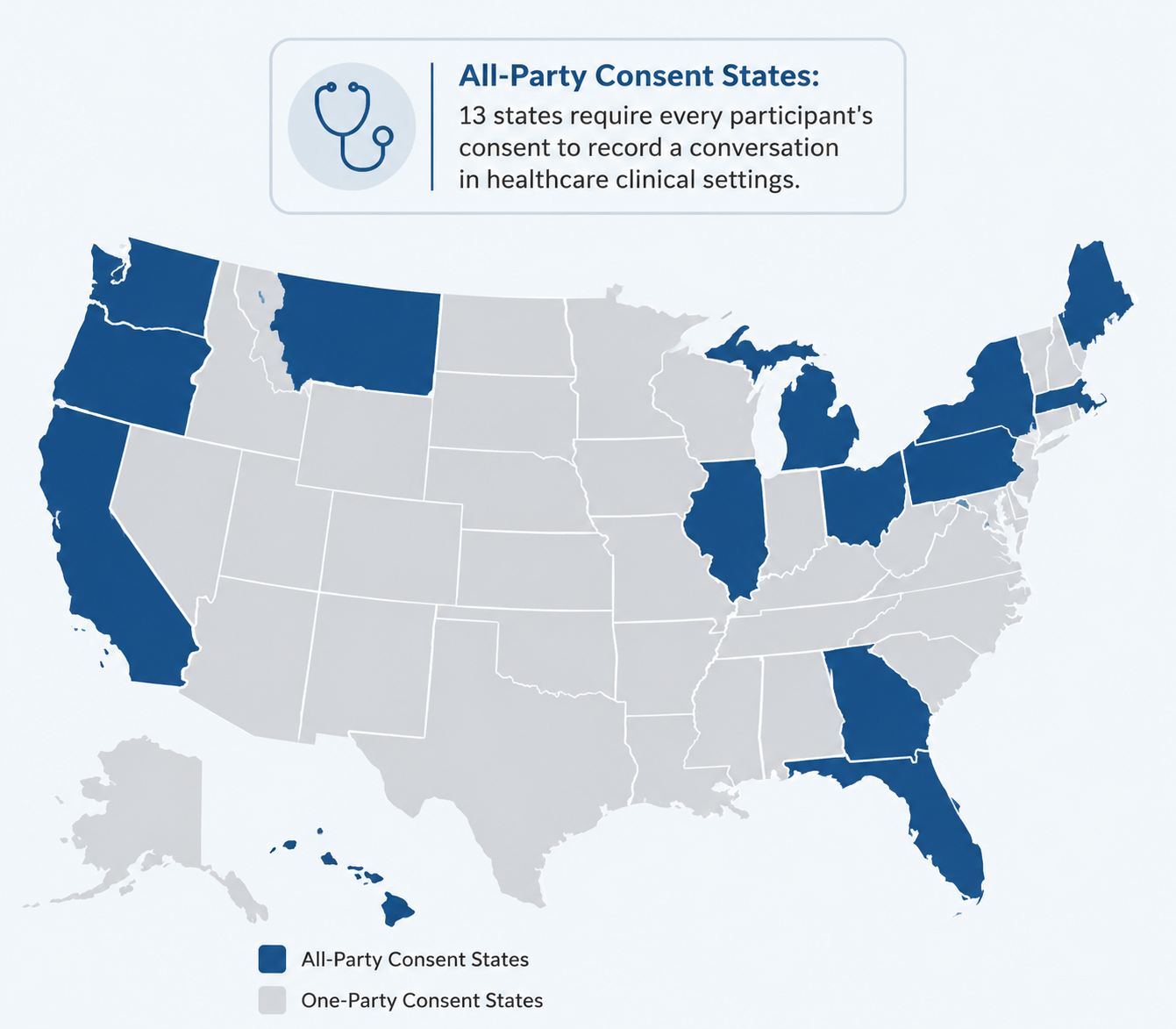 US map highlighting all-party consent states for clinical recording requirements