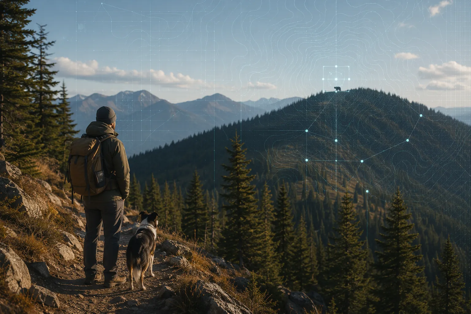 A hiker with a dog on a mountain trail with subtle AI map and detection overlays above the landscape