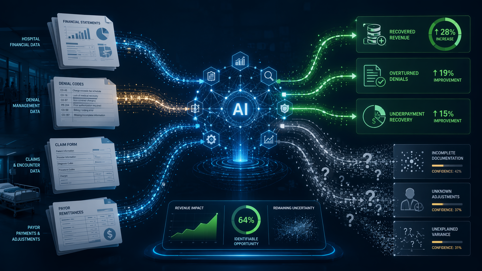Abstract hospital financial documents and claim forms processed by AI analytics, with some recovered revenue paths visible and other metrics obscured