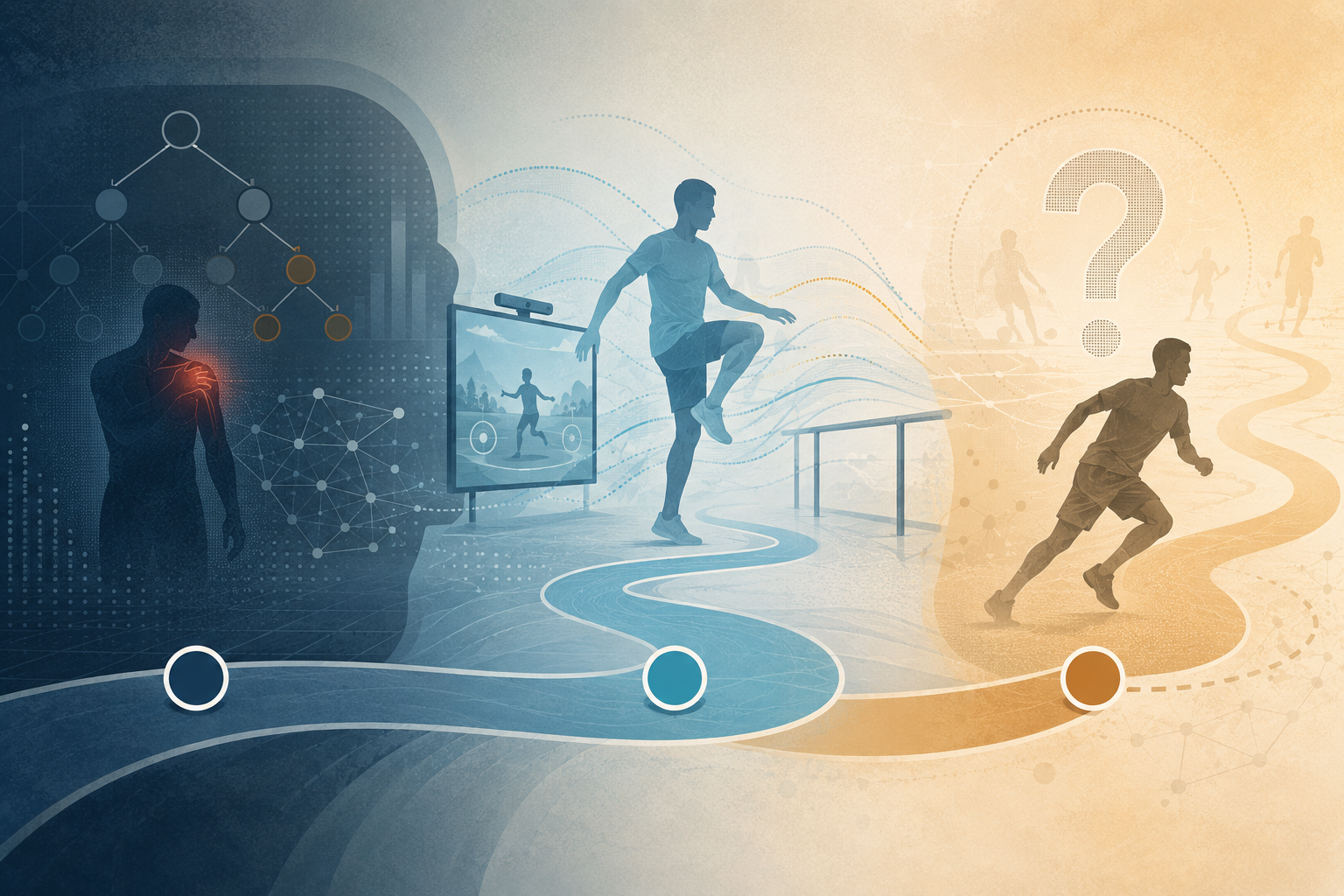 Illustration of the sports injury rehabilitation continuum from injury risk prediction to AI-assisted rehabilitation and return-to-sport decision support