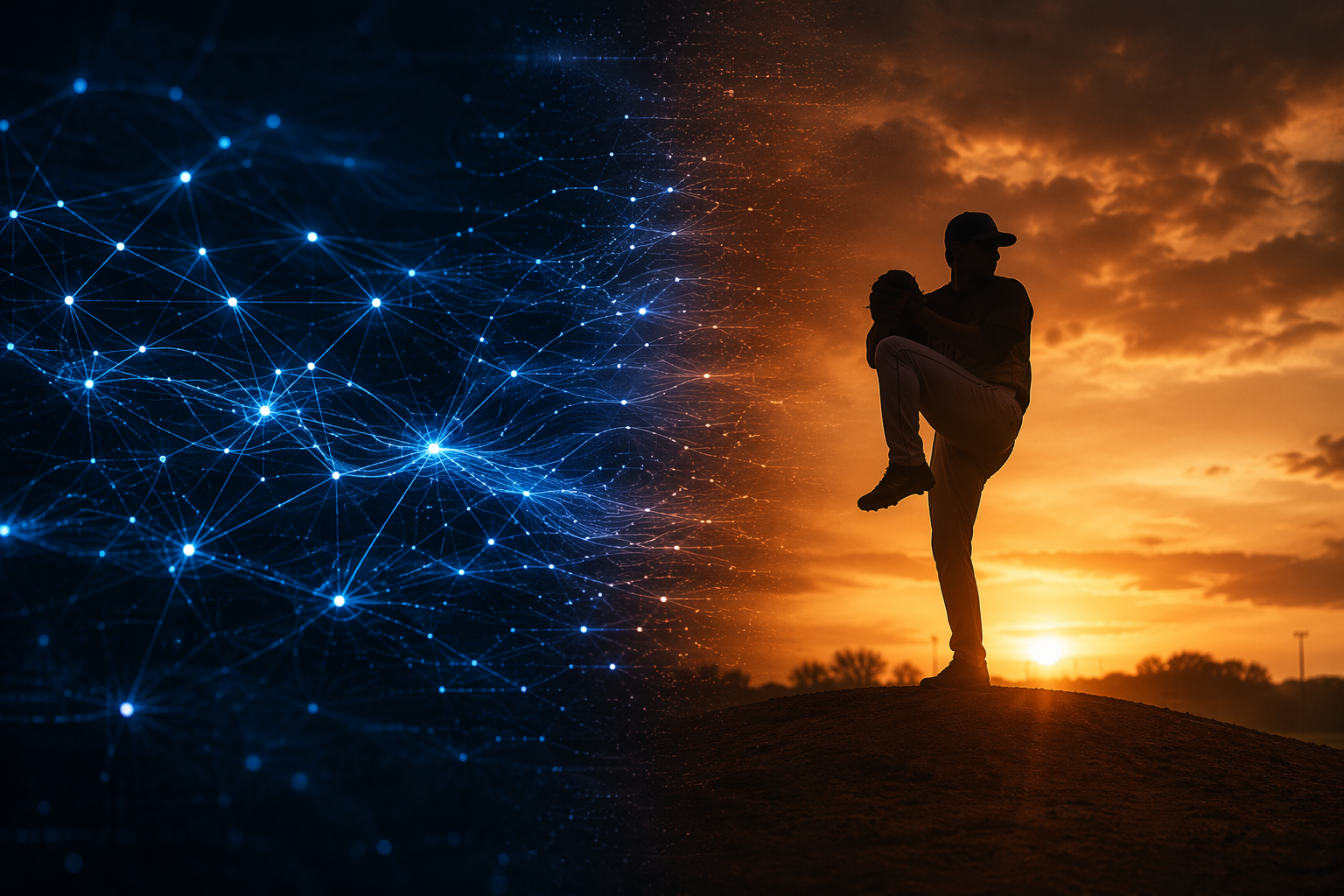 Abstract machine learning network blended with a lone baseball pitcher on a mound