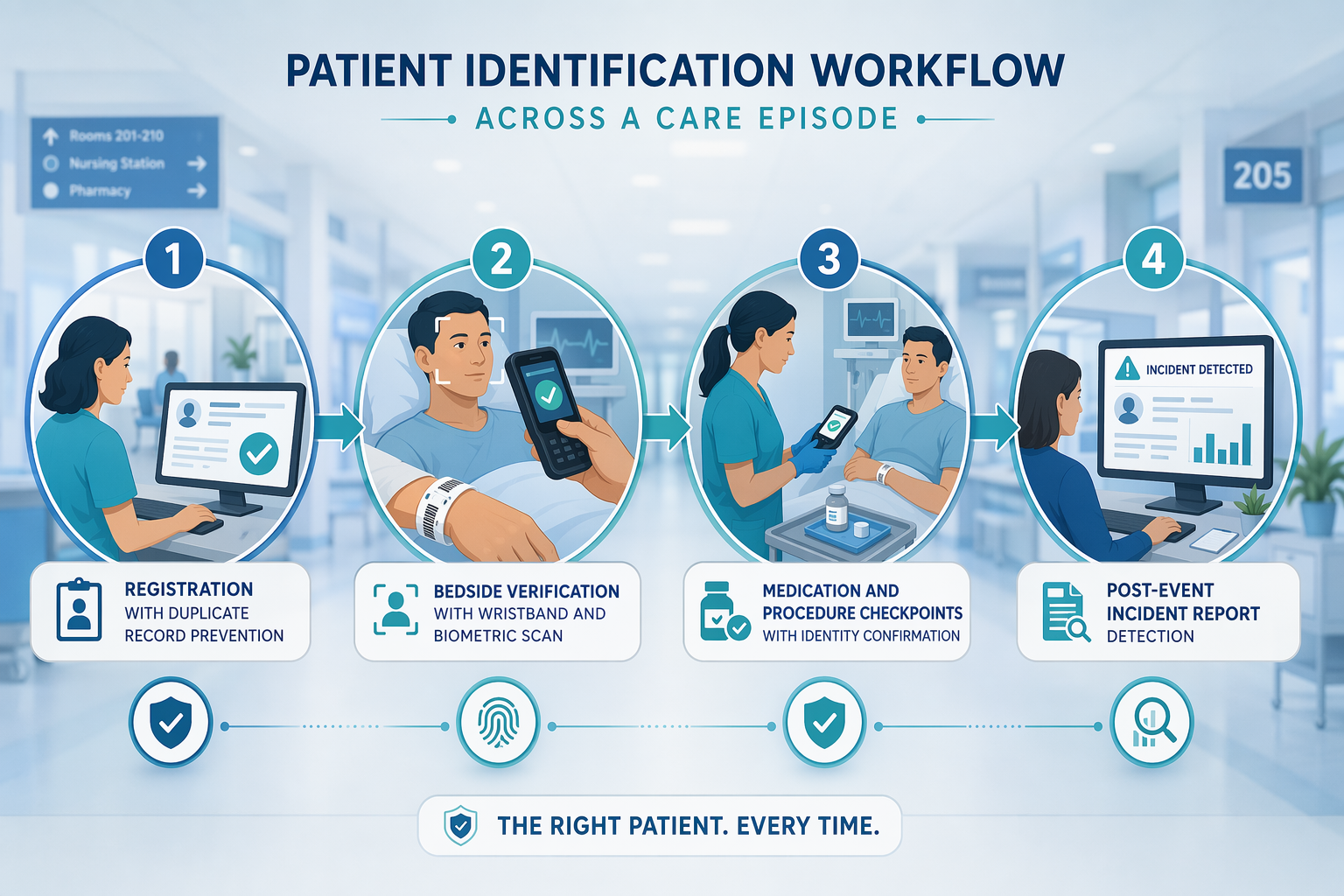 Workflow visualization of patient identification across registration, bedside verification, care checkpoints, and incident report detection
