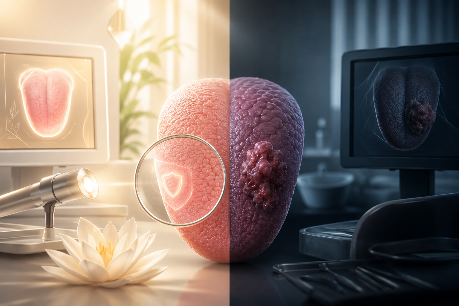 Split medical illustration contrasting early and delayed tongue cancer detection outcomes