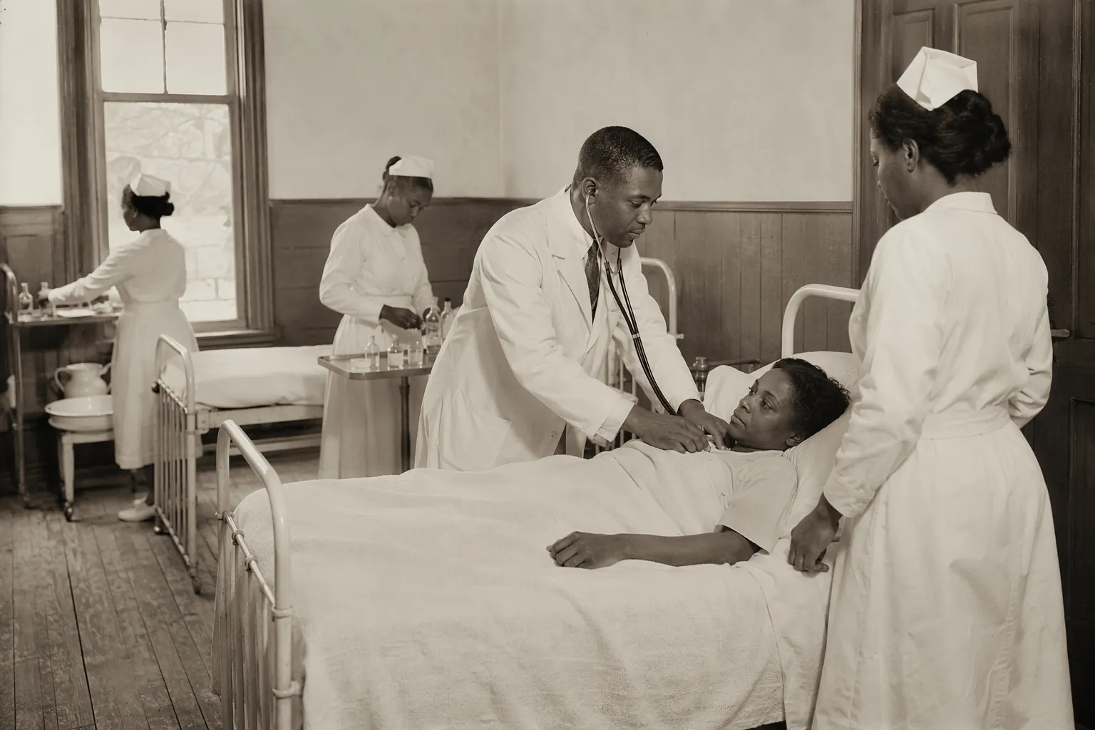 Black physician and nurses caring for a patient in an early twentieth-century segregated Black hospital ward