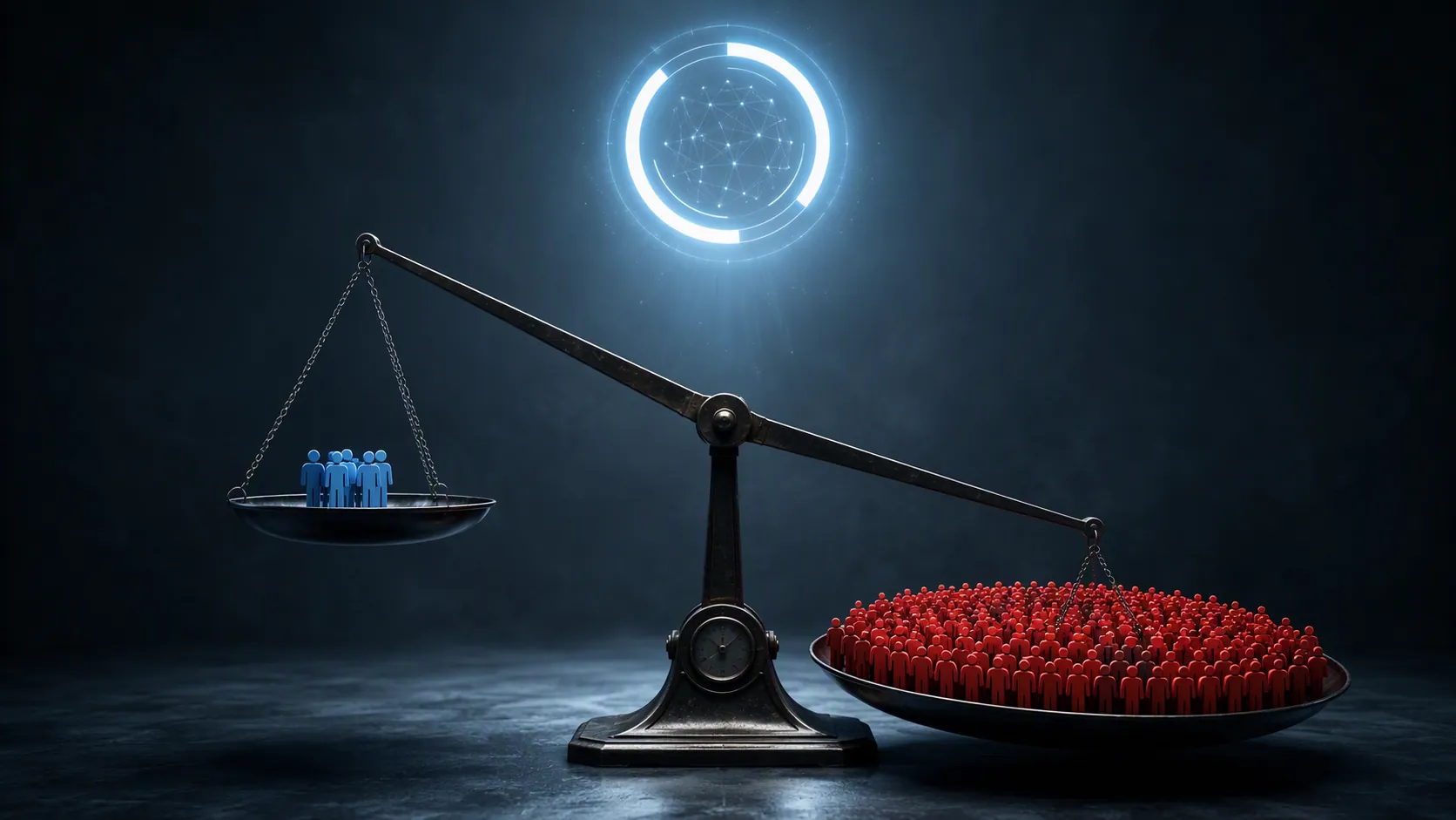 Imbalanced scale of blue and red figures under a floating accuracy 94 percent badge