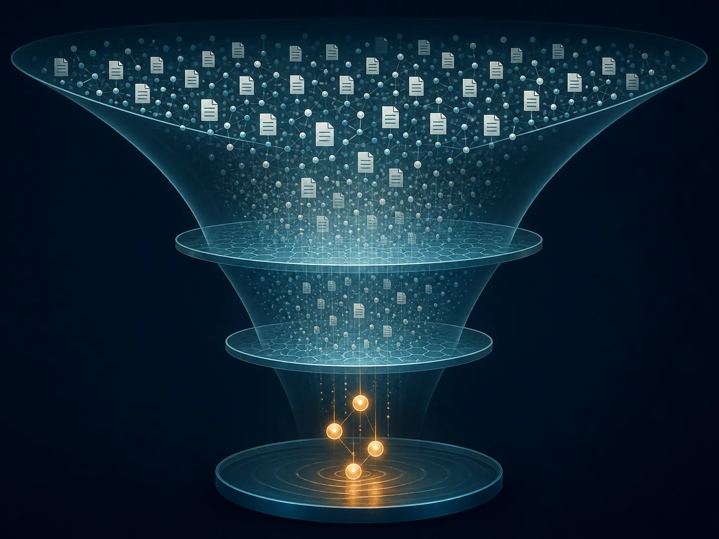 Evidence funnel showing many AI model papers entering scrutiny and only a few verified nodes emerging