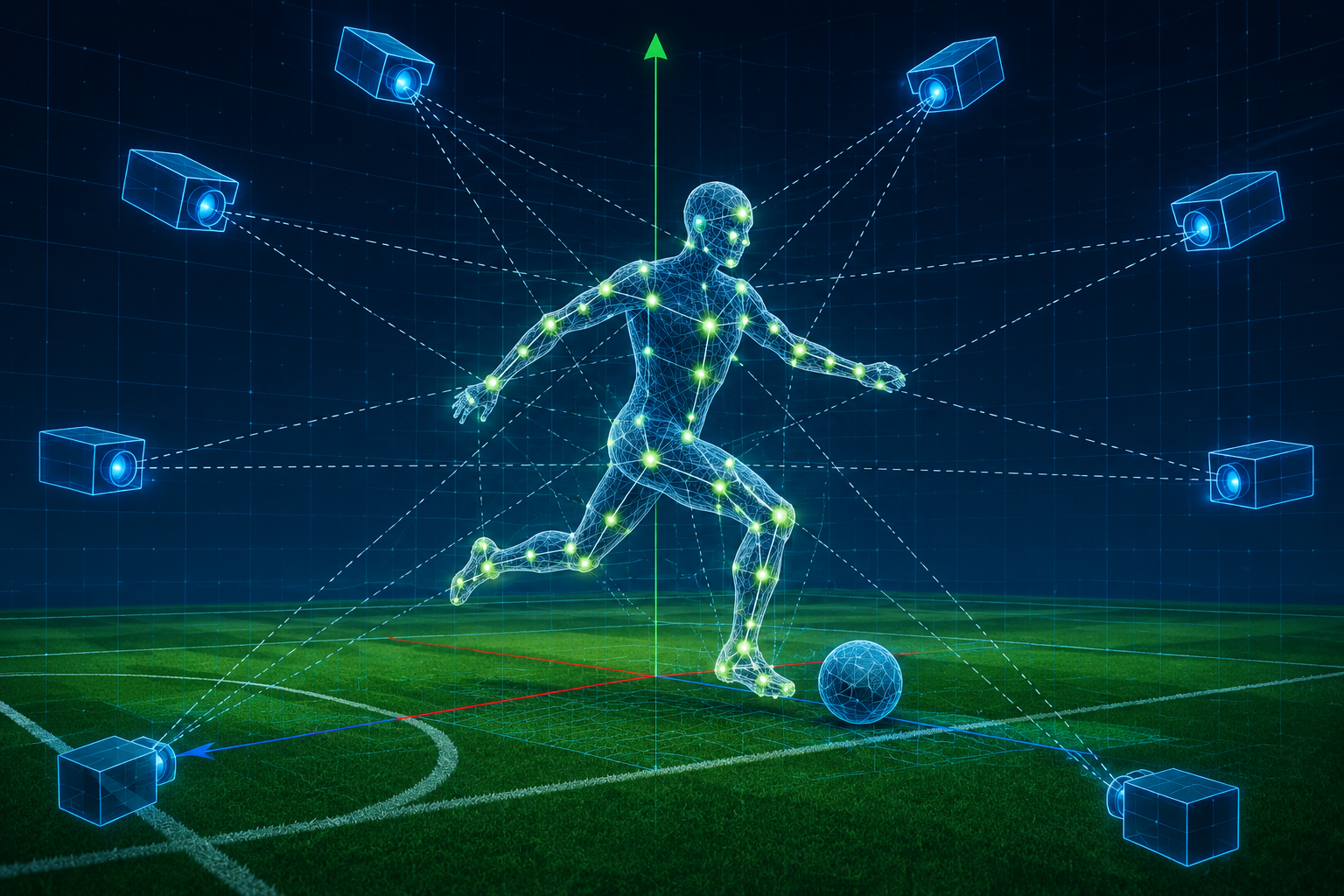 Wireframe football player with 29 joint keypoints tracked by multiple cameras for 3D triangulation
