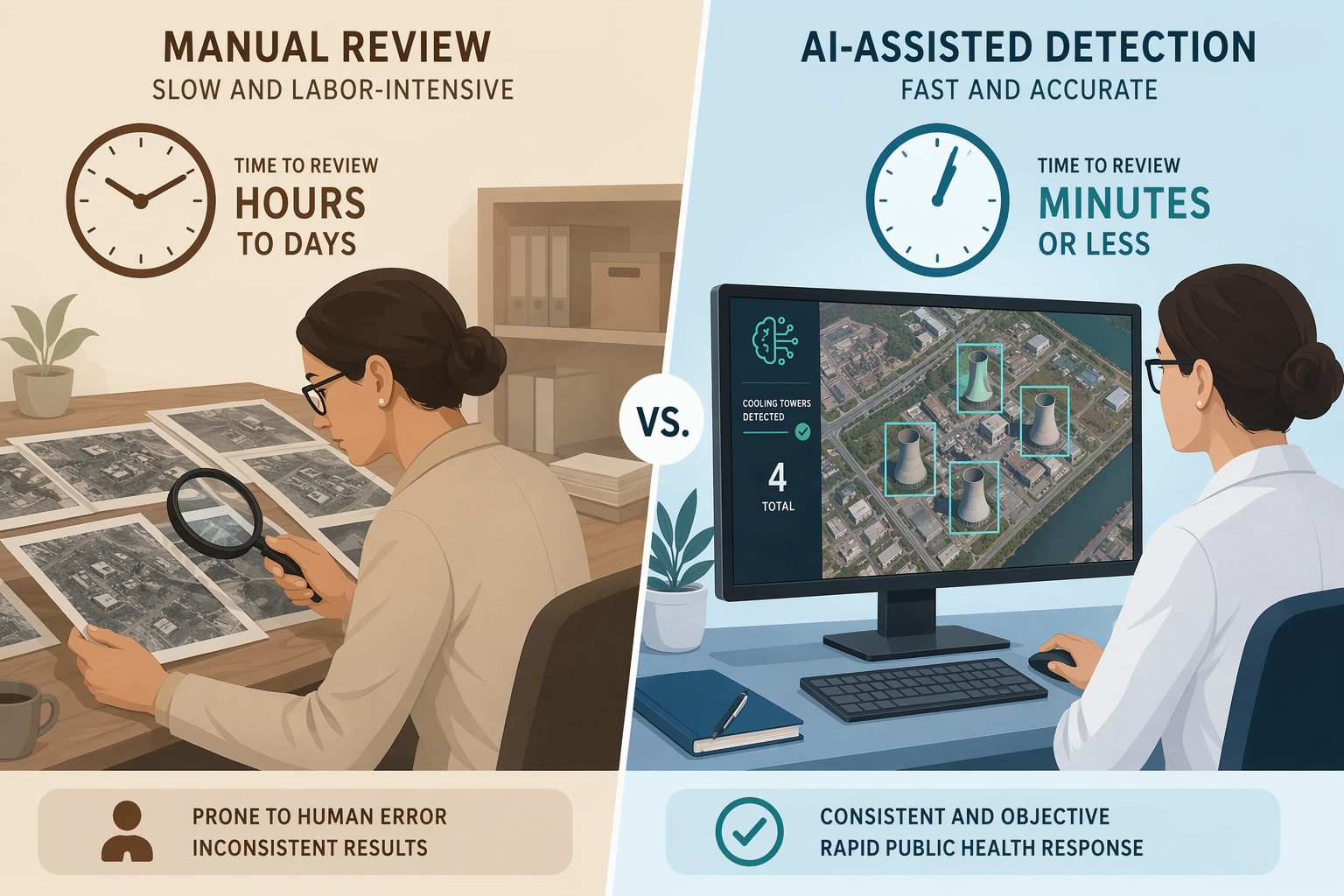 Public health investigator comparing manual satellite image review with AI-highlighted cooling towers