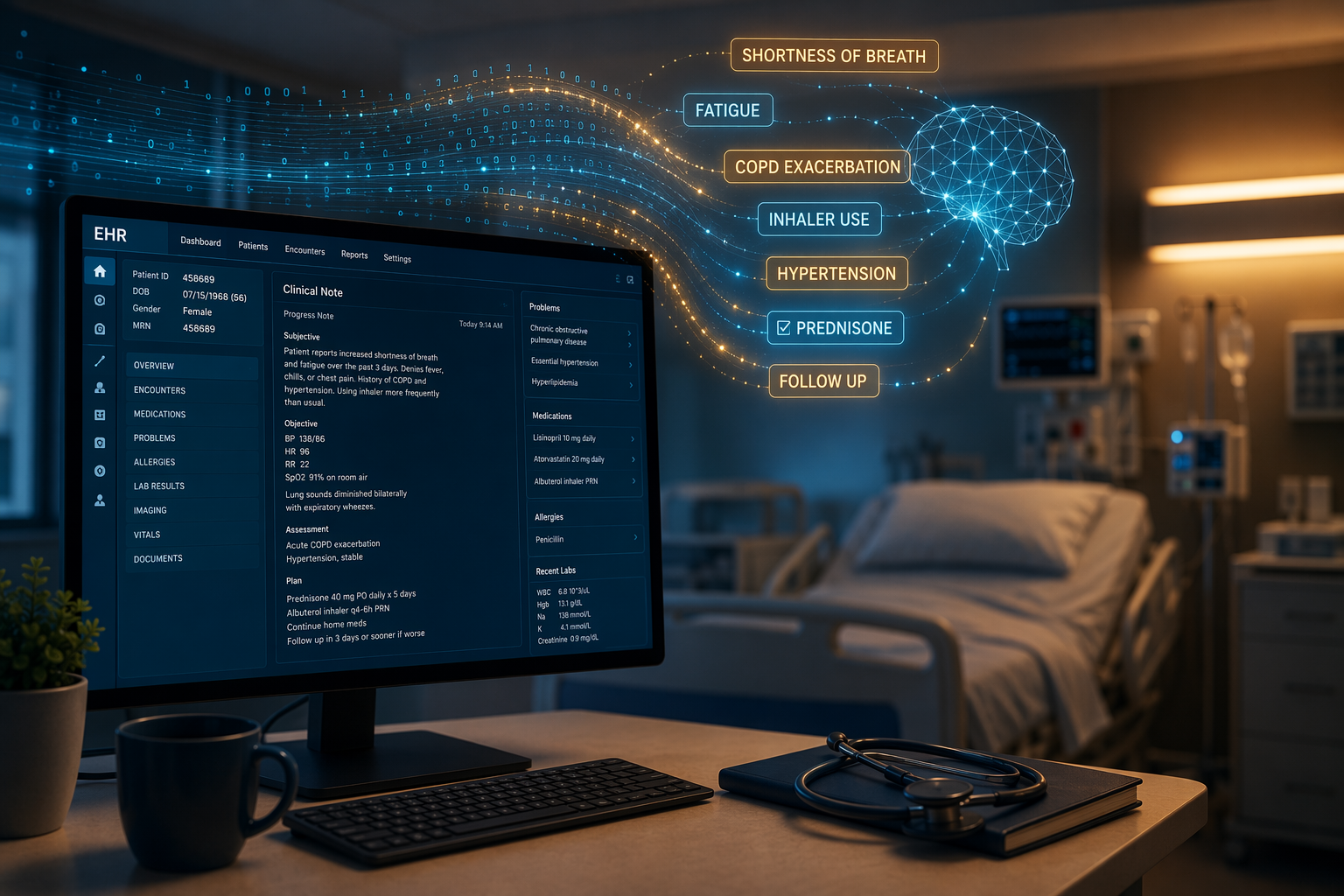 Hospital EHR monitor with real-time AI analysis of clinical notes