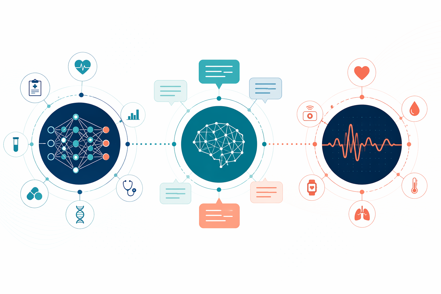 Three abstract clusters representing predictive models, conversational education, and physiological sensing