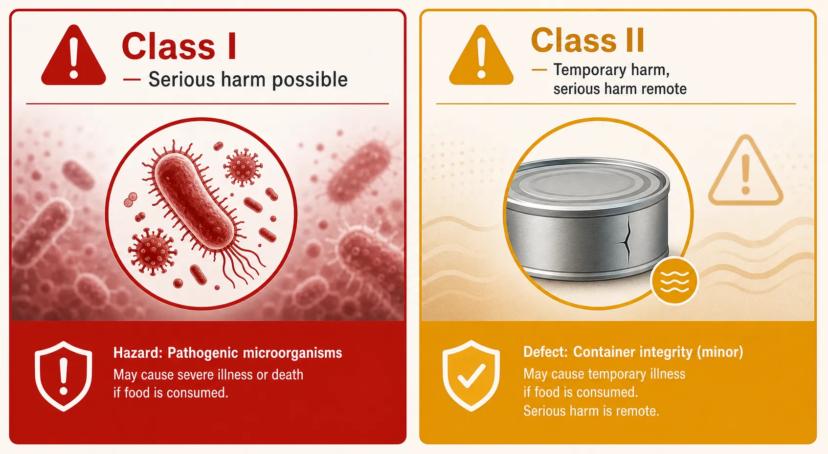 Comparison of a Class I pathogen hazard and a Class II pull-tab spoilage defect