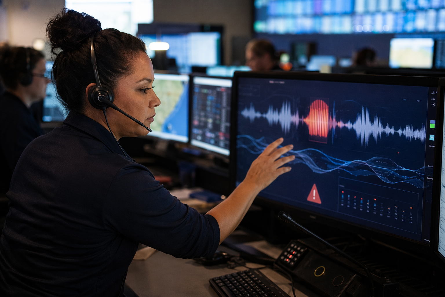 Emergency dispatcher reviewing an AI speech-analysis alert at a call console