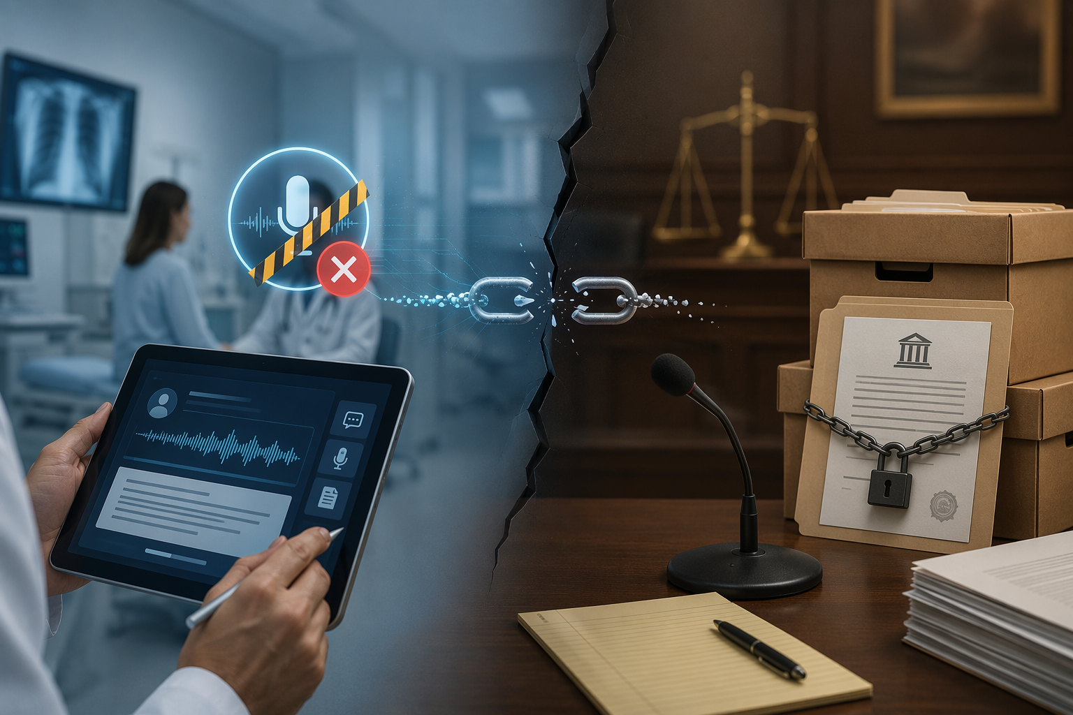AI clinical transcription interface linked to legal discovery materials