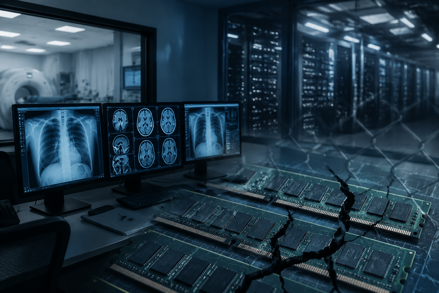 Hospital radiology reading room with diagnostic monitors, cracked memory chips, and a data center bottleneck in the background