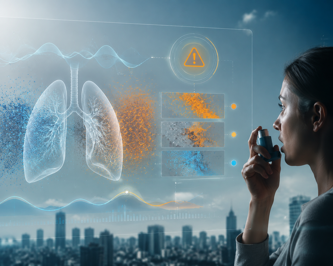 AI interface over a city skyline with air quality particles, lung silhouette, and alert indicator