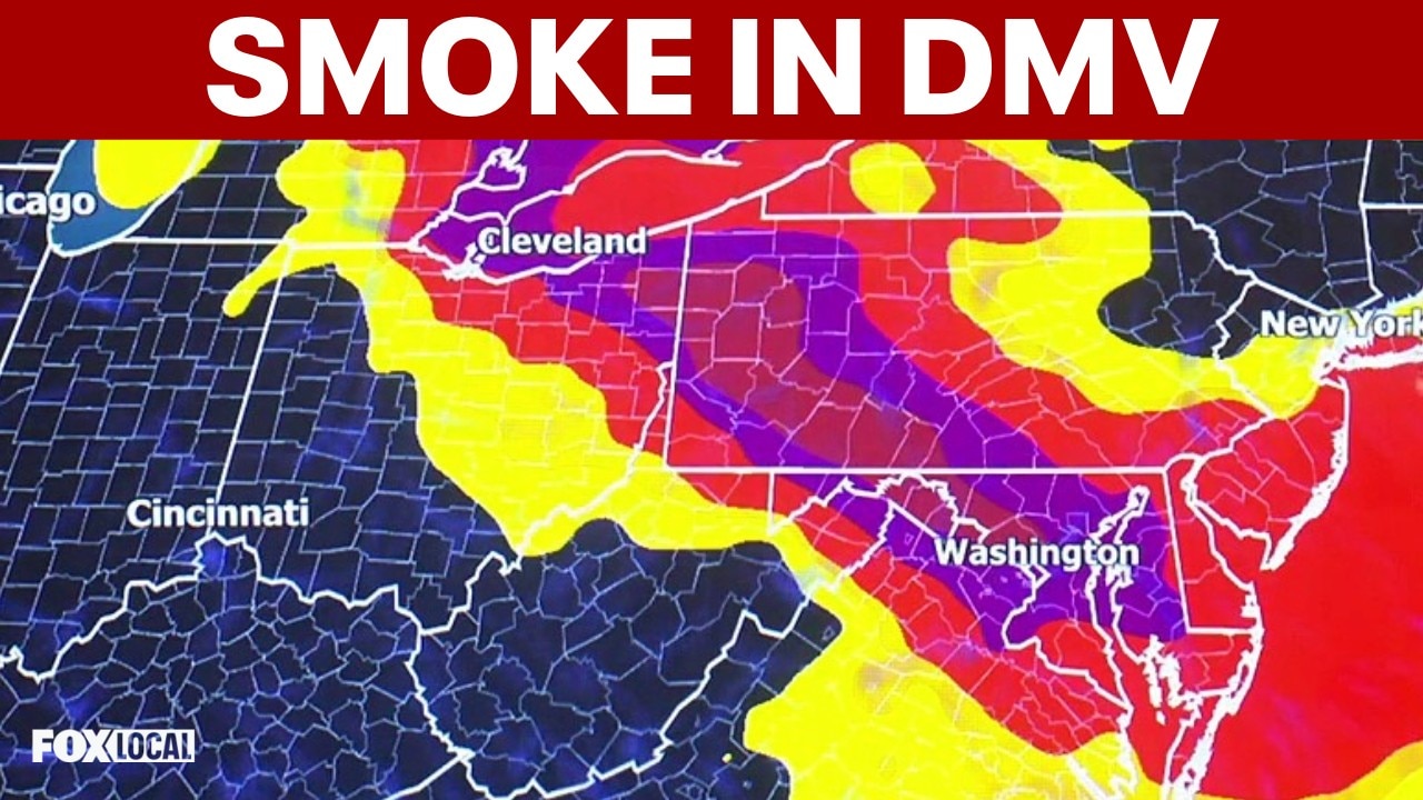 Washington DC skyline and monuments obscured by Canadian wildfire smoke during a Code Purple air quality alert