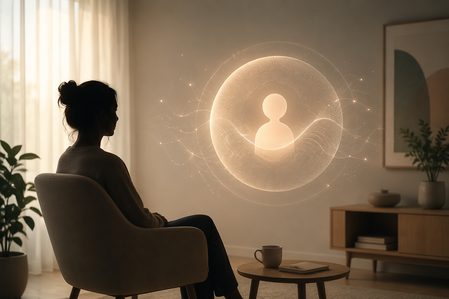 Human silhouette sitting near a glowing abstract digital interface in a softly lit room