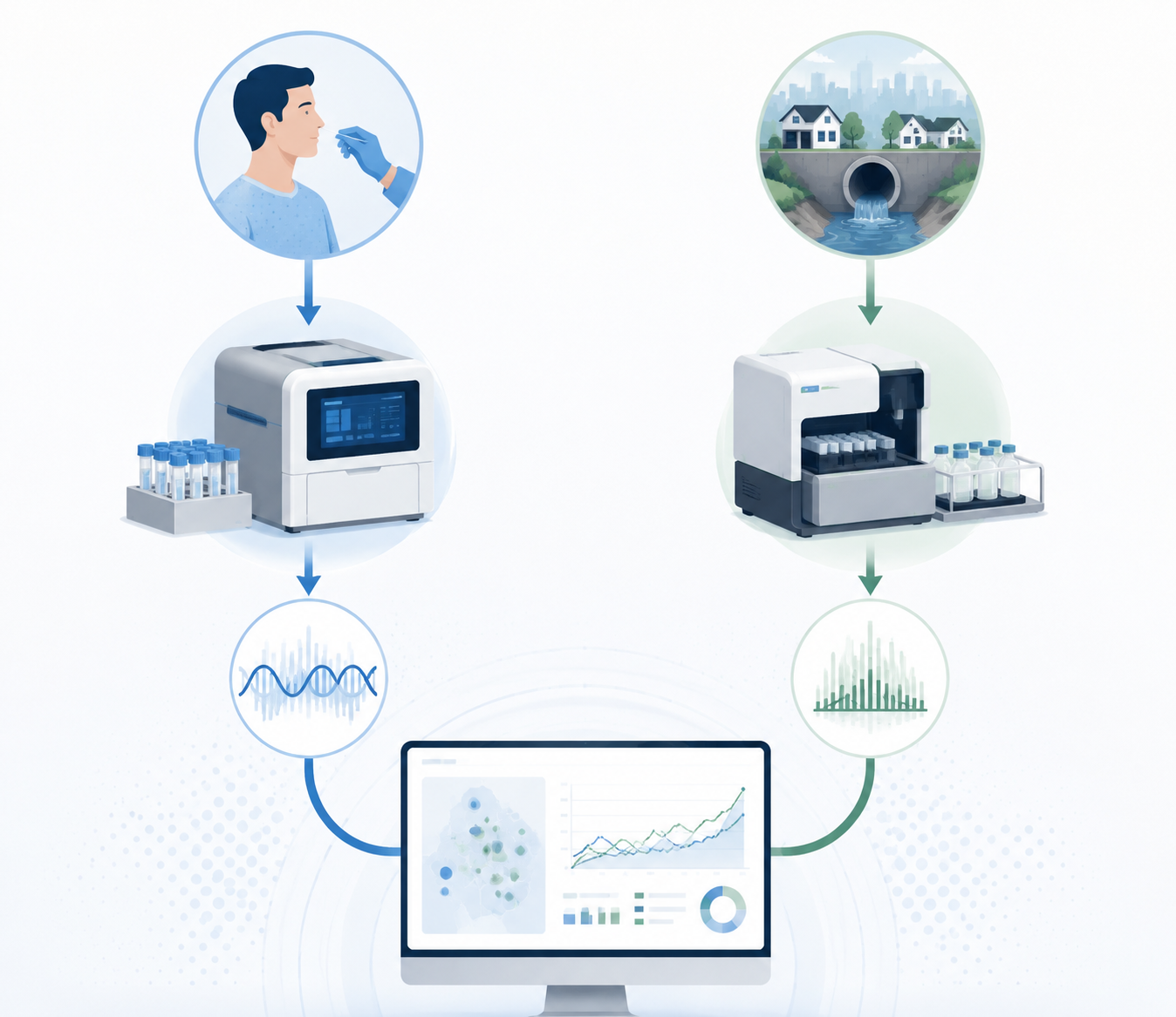 Parallel patient-testing and wastewater-surveillance lanes converging into a shared trend dashboard