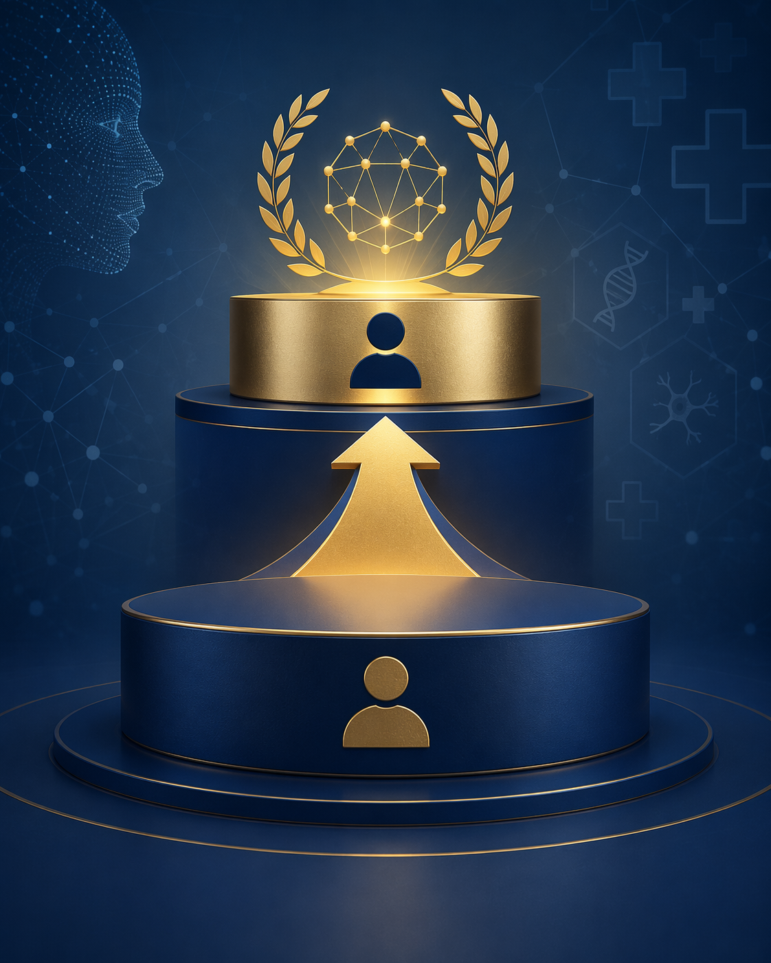 Two-tier professional recognition pathway with ascending platforms and medical AI motifs