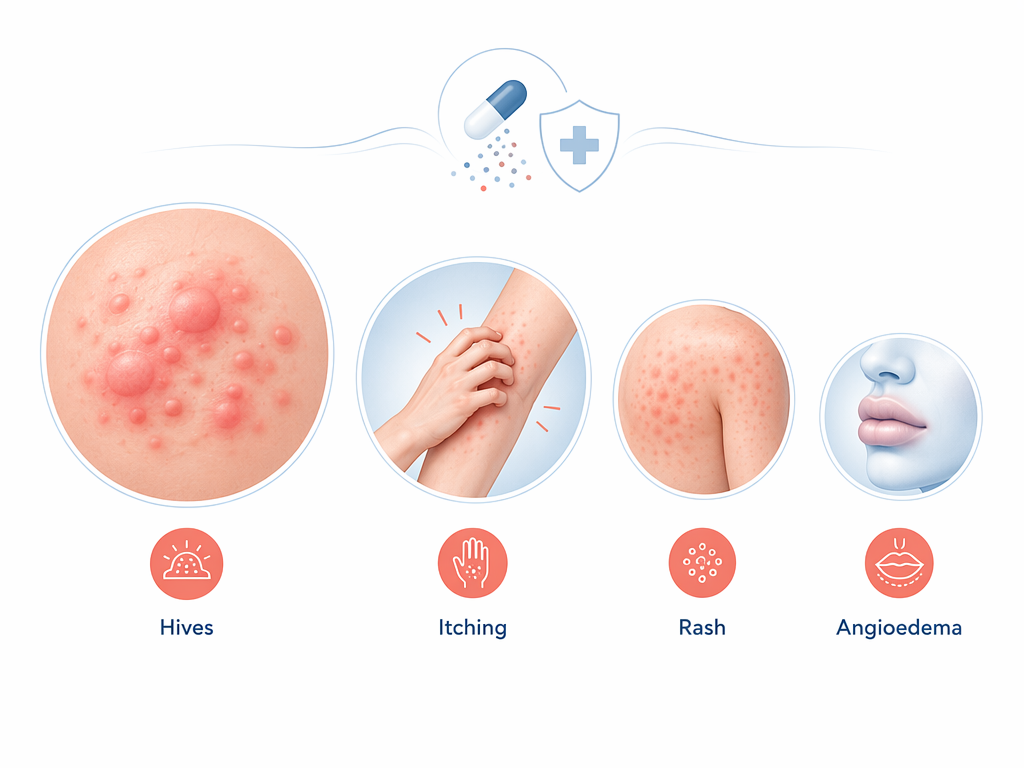 Hives, itching, rash, and angioedema icons arranged by frequency