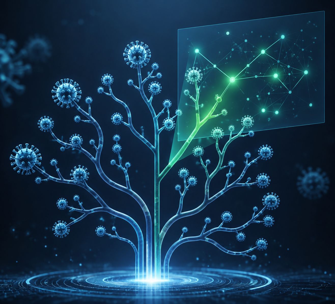 Stylized phylogenetic tree of virus variants with glowing analysis nodes suggesting AI-driven prediction of future influenza strains