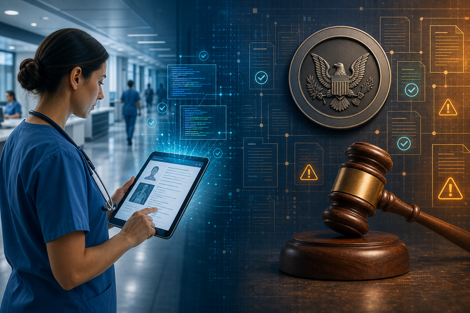 Split editorial illustration: left half shows a clinician in a hospital setting reviewing a tablet with glowing AI-suggested medical code overlays; right half shows a government seal, wooden gavel, compliance checkmarks, and amber warning indicators, with the background transitioning from a hospital corridor into a document-grid pattern of claims and audit trails.