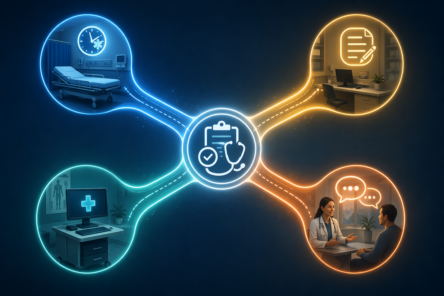Pathway diagram connecting a central medical evaluation icon to triage, documentation, decision support, and patient consultation settings