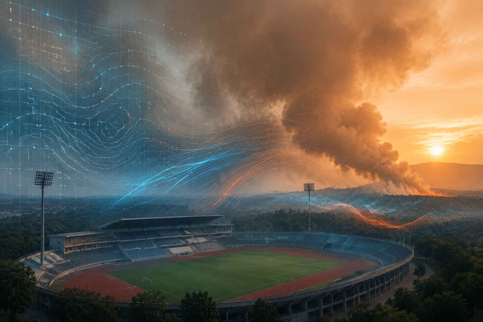 Empty sports stadium under wildfire smoke with AI forecasting data overlays