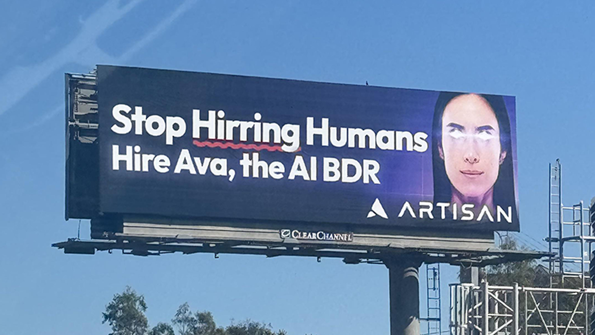 Artisan Stop Hiring Humans billboard in San Francisco using provocative AI startup advertising language