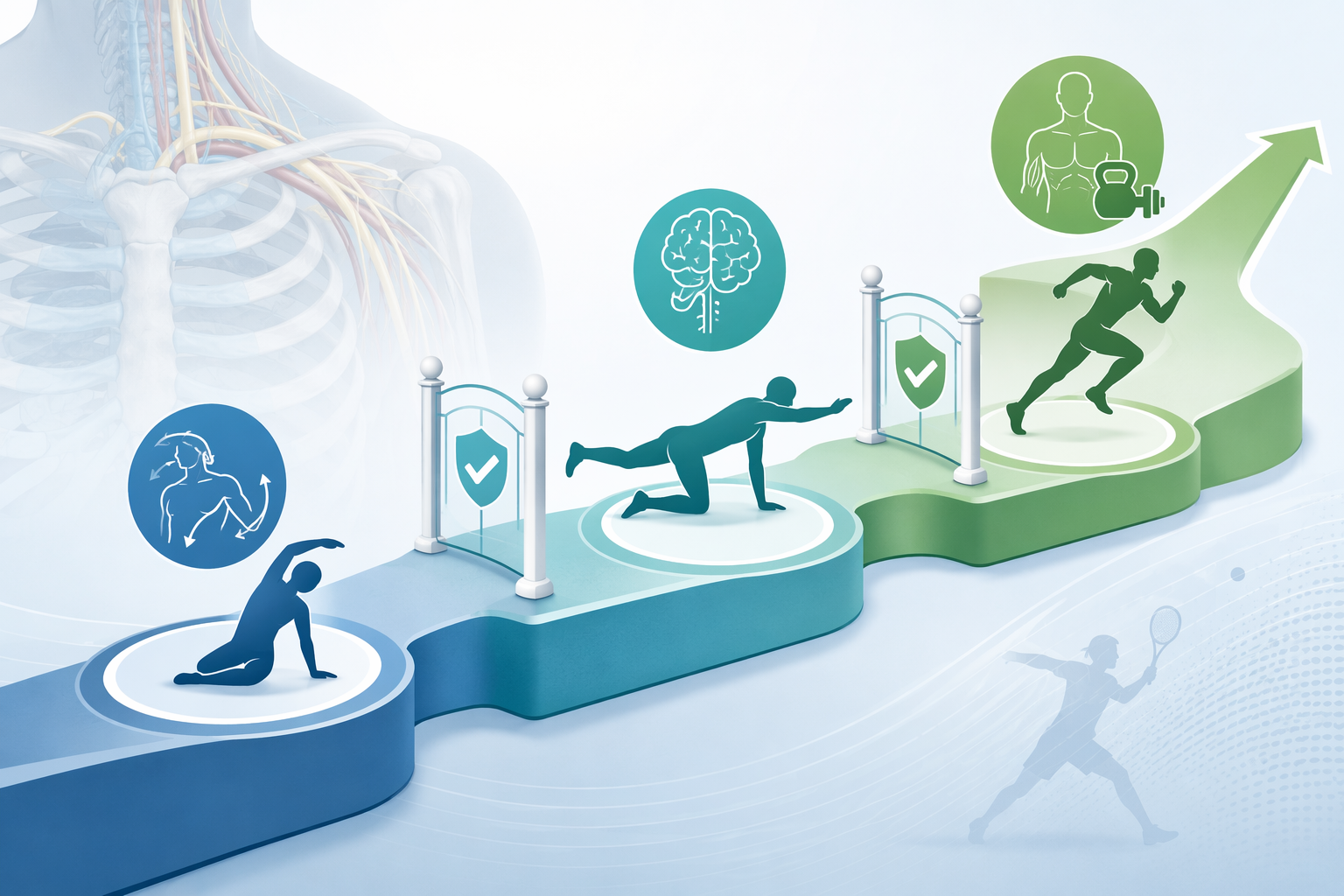 A three-phase rehabilitation progression with checkpoint elements separating mobility, motor control, and progressive loading