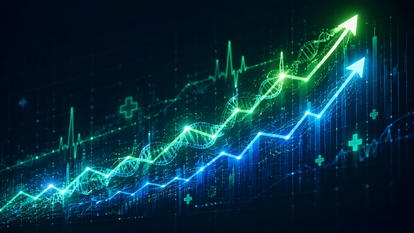 Upward-trending financial growth chart with healthcare data motifs