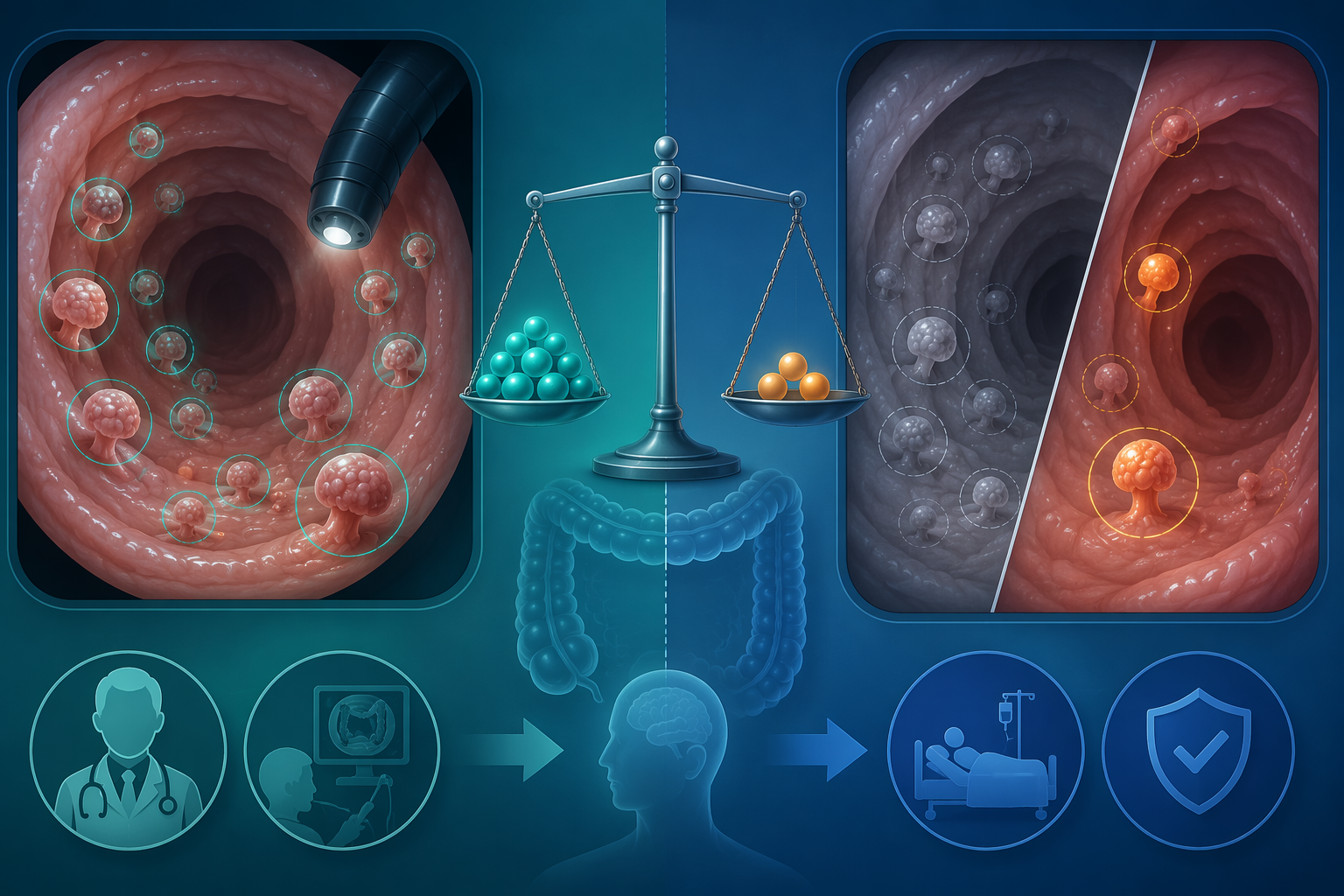 Colonoscopy illustration comparing many detected polyps with fewer clinically advanced findings