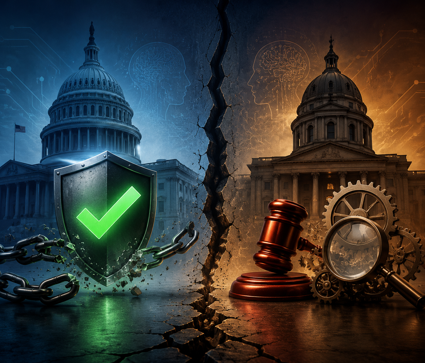 Split image showing federal deregulatory symbols on one side and stricter state oversight symbols on the other.