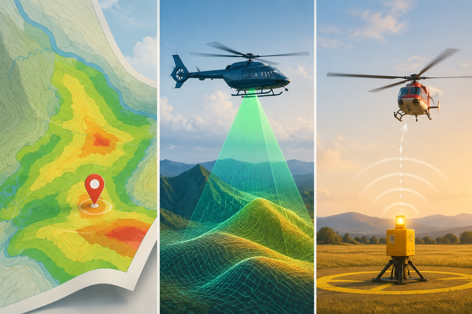 Three-panel illustration showing GIS suitability mapping, LiDAR scanning, and a ground beacon for landing zone detection