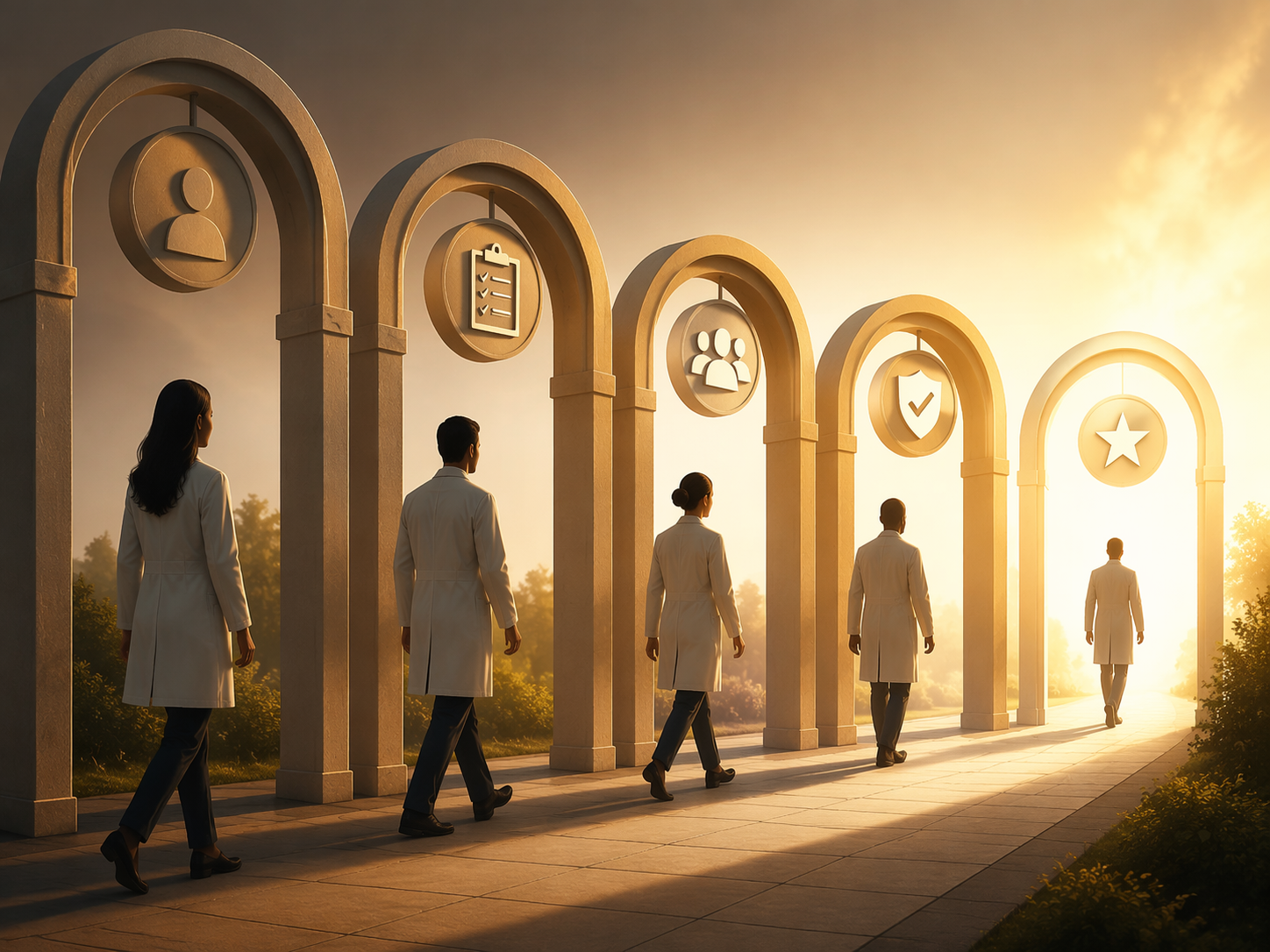 Silhouetted figures in white coats walking through illuminated archways, suggesting a staged candidate evaluation process