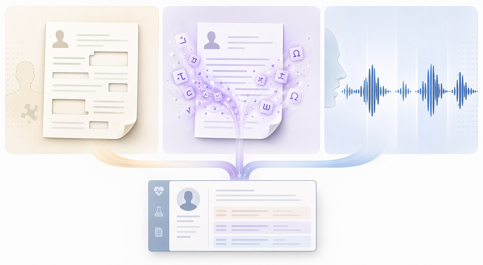 Illustration of AI documentation errors including omissions, hallucinations, and uneven speech recognition feeding into a patient record