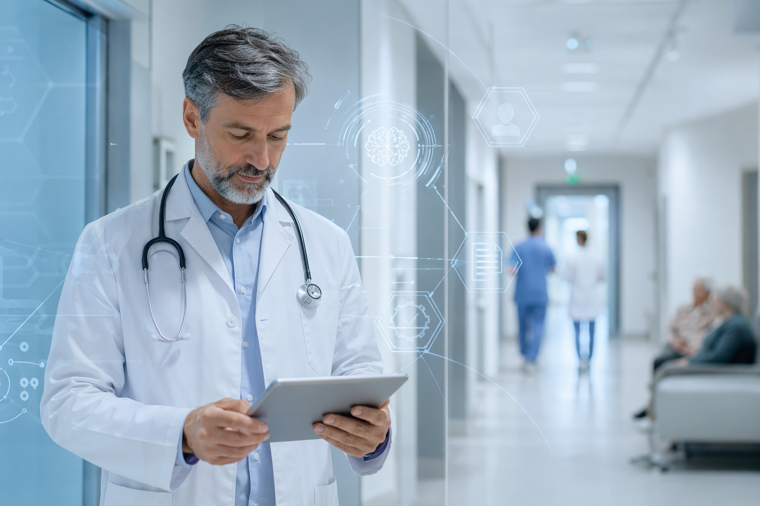 Hospital corridor with a clinician reviewing a tablet and digital AI compliance overlays