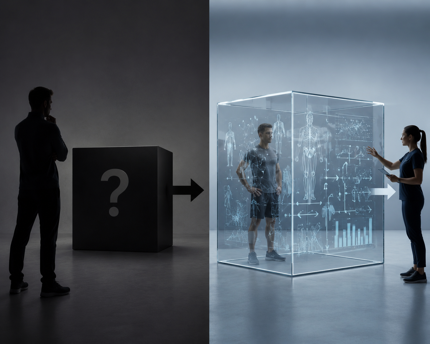 Opaque black-box AI system contrasted with a transparent model showing data points and decision pathways