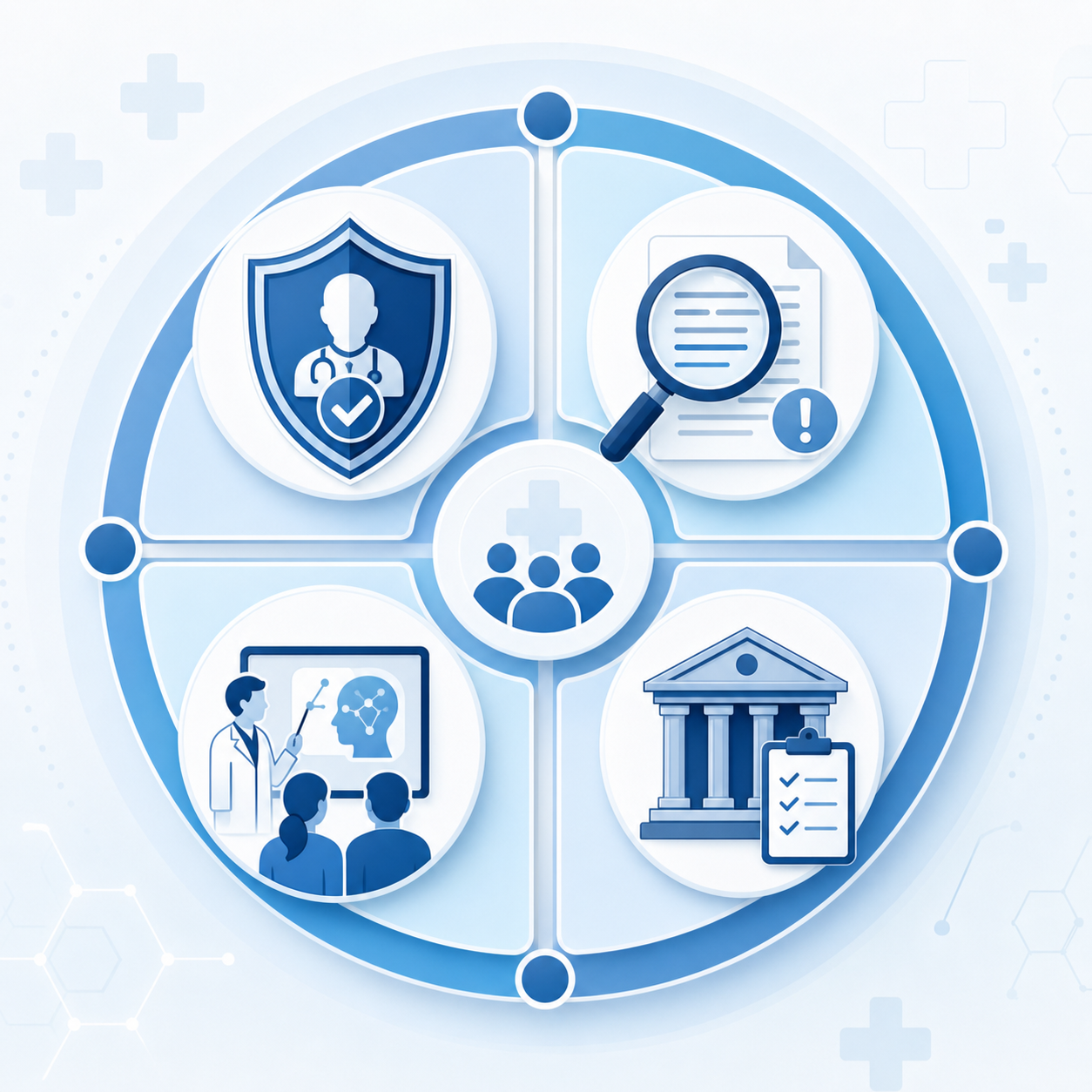 A four-part governance framework illustration showing interconnected safety elements including human review, error detection, clinician training, and organizational policy.